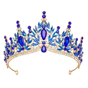 Luxury gold-tone blue crystal rhinestone bridal tiara crown for wedding party hair accessories