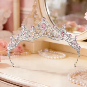 Silberfarbene Strass Tiara rosa Kristall Krone Braut Hochzeit Haarschmuck für Frauen