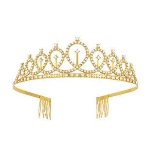 Gold rhinestone crown tiara birthday party headband elegant hair accessories for women