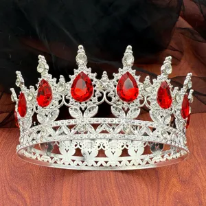 Corona diadema strass lega barocco, topper torta cristallo goccia rossa e accessorio per capelli.