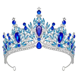 Exquisite royal blue crystal bridal tiara, stunning silver alloy rhinestone crown detail.