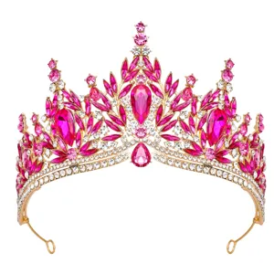 Crystal pink rhinestone tiara wedding bridal crown elegant gold hair accessories for women
