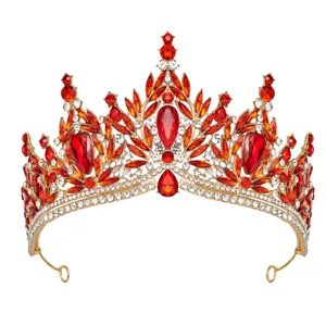 Stunning red crystal bridal tiara, luxury gold alloy crown for wedding and birthday party.