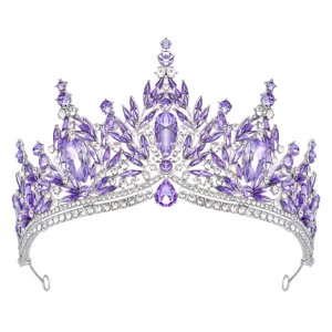 Detailed close-up of the sparkling purple crystal bridal tiara showing exquisite rhinestone work.