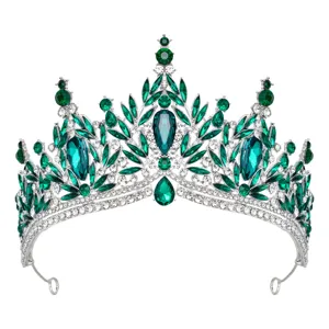 Detailed view of a stunning green crystal tiara, exquisite alloy bridal crown for wedding events.