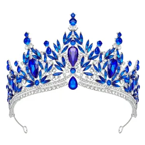 Stunning blue and clear crystal tiara crown detailed view, elegant bridal hair accessory.