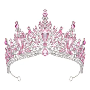 Exquisite pink crystal tiara detail, sparkling rhinestones and alloy crown for wedding and party.