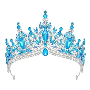 Stunning blue crystal bridal tiara detail, sparkling silver alloy rhinestone wedding crown for women