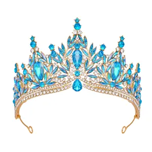 Gold crystal bridal tiara, sparkling blue rhinestone crown for wedding birthday party hair accessories