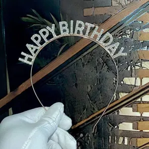 Happy Birthday glitter metal headband for party celebration and crown headwear styling.