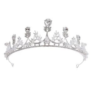 Silver bridal crown with crystal rhinestones and pearls, perfect for weddings and parties.