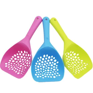 Detailed close-up view of thickened plastic cat litter scoops in vibrant colors.