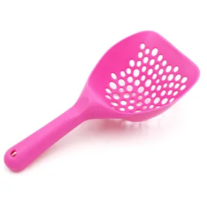Large pink plastic cat litter scoop with long handle and round sifting holes for easy cleaning.