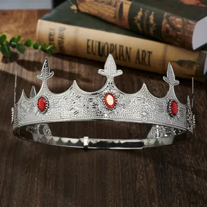 Exquisite mens retro silver king crown with red gems, perfect for royal parties and proms.