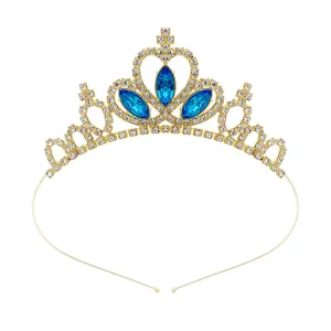 Kinder goldene Prinzessin Krone Haarreif glänzende Strasssteine blaue Kristall Elsa Diadem