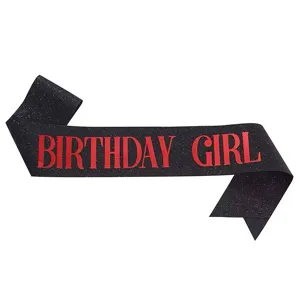 Black glitter birthday sash with red text, perfect for party celebrations and birthday queen.