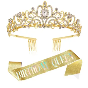 Goldenes Geburtstag Tiara und Schärpe Set Detailansicht, Strass Krone für Party Mädchen.
