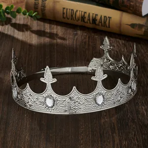 Vintage silver king crown for men party headpiece retro crystal prom wedding tiara