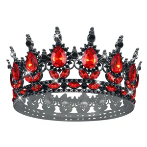 Couronne ronde noire baroque avec strass rouges étincelants en forme de goutte pour mariage