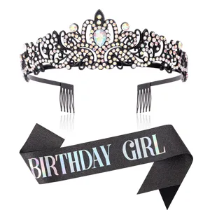 Schwarze Strass Tiara und Geburtstag Mädchen Schärpe Set für Party Feier Foto Requisiten.