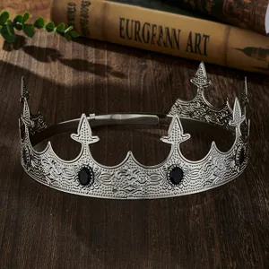 Vintage Silver Men Crown King Tiara Black Gem Gothic Medieval Prom Party Wedding Headpiece