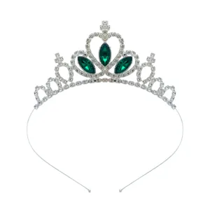Silberne Metall Tiara Krone mit grünen Kristall Strasssteinen für Mädchen Haarschmuck.