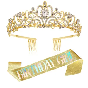 Goldener Strass Tiara Krone und Birthday Girl Glitzer Schärpe Set für Party Feier Foto.