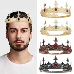Vintage Royal Court Metal Crown Headpiece for Men Unisex Retro King Prince Imperial Crown Rhinestone Hair Ornaments Birthday Wedding Prom Party Costume Props