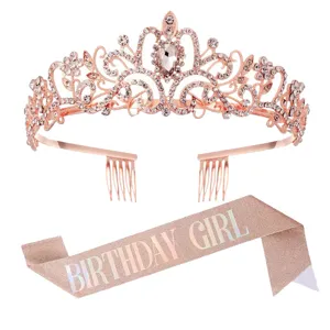 Roségoldener Geburtstagsdiadem und glitzernde Schärpe, Strass Krone mit Haarkämmen.