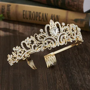 Goldene Strass Tiara Krone Haarschmuck für Frauen Mädchen Geburtstag Party Hochzeit Abschlussball.