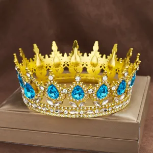 Baroque alloy rhinestone crown detailed view, sparkling blue teardrop crystal tiara accessory.
