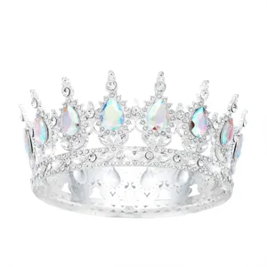 Baroque silver alloy rhinestone teardrop crystal crown tiara for wedding party hair accessories