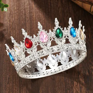 Baroque alloy rhinestone crown tiara with colorful teardrop crystal gems for party decor.