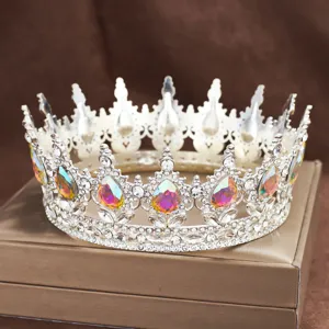 Baroque alloy rhinestone full circle crown detail shot, sparkling teardrop crystals tiara.