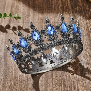 Baroque alloy rhinestone crown detail, blue teardrop crystal full circle headwear accessory.