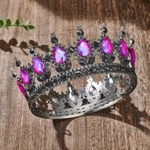 Baroque black alloy full circle crown with pink teardrop rhinestones bridal hair accessories