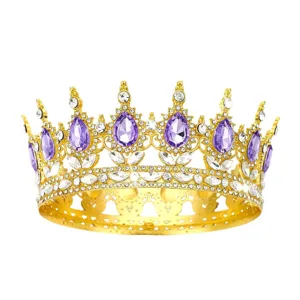 Baroque Gold Crown Purple Teardrop Rhinestone Tiara Full Round Hair Accessory for Women