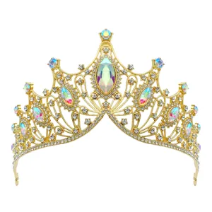 Exquisite baroque gold bridal tiara with colorful crystal rhinestones for party wedding dress.