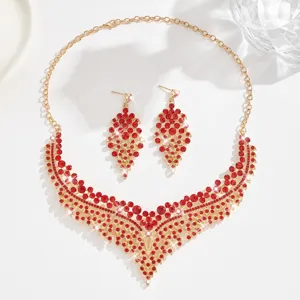 Elegant crystal rhinestone necklace and earrings set, luxury gold-plated bridal party jewelry.