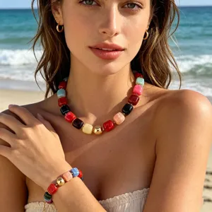 Harz Perlen Halskette Farbkombination Herz Anhänger Choker Für Damen Boho Strand Schmuck Handgefertigte Geometrische Perlenkette