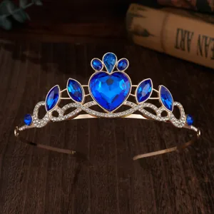 Kinder Gold blaue Kristall Herz Diadem Strass Prinzessin Haarreif fuer Maedchen Auftritt