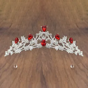 Detailed close-up of a silver tiara crown with red crystal rhinestones for girls performance.