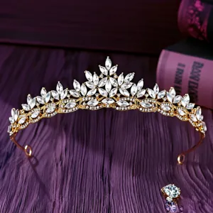 Korean Style Alloy Rhinestone Bridal Tiara Marquise Leaf Crown Gold Silver Wedding Hair Accessories Pageant Prom Headpiece Women