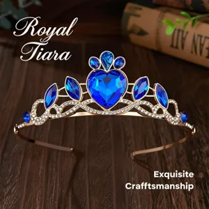Strass-Tiara Detail, blaue Kristallherz-Krone, goldenes Haarband fuer Kinder Auftritt.