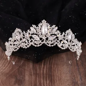 Bridal tiara detail showing intricate baroque alloy design sparkling marquise and round rhinestones.