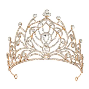 Stupenda corona di tiara da sposa in strass in lega dorata per accessori per feste di nozze.