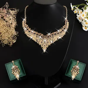 Luxury gold rhinestone statement necklace earrings set vintage crystal collar party jewelry