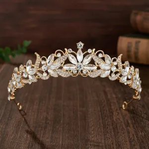 Gold bridal tiara crystal crown sparkling rhinestone hair accessories for wedding details display