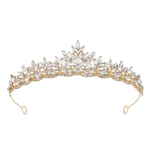 Elegant gold alloy crystal tiara crown bridal hair accessory for wedding prom party.