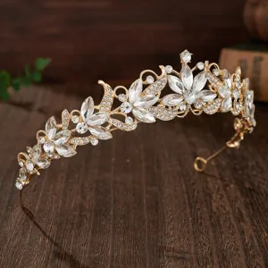 Exquisite baroque crystal bridal tiara, luxury gold metal hair accessory for wedding.